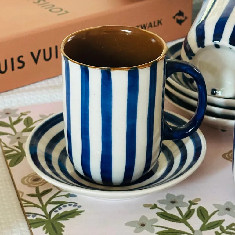 Blue & White Striped Mug & Saucer (single)