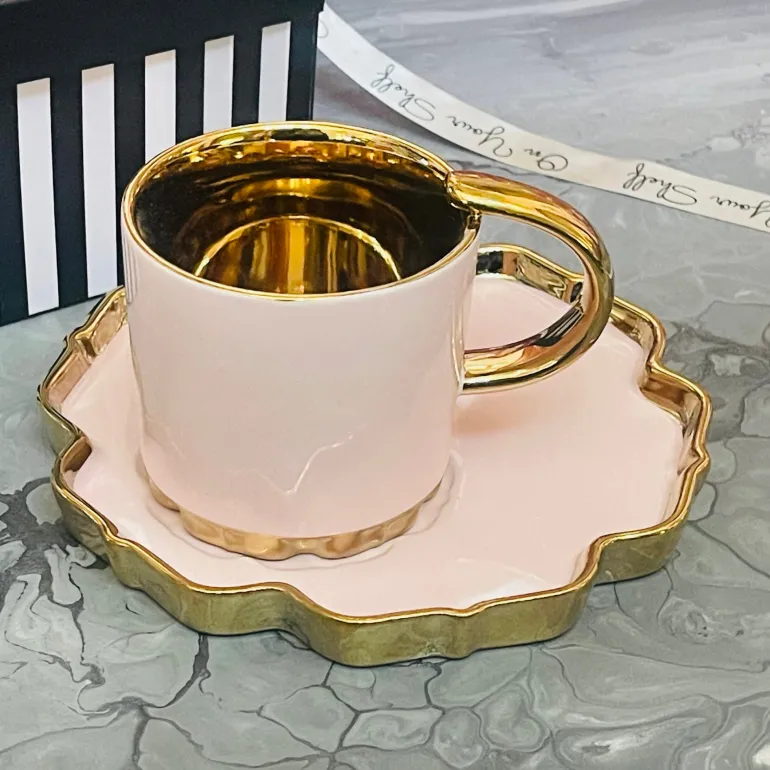 Blush Elegance: Golden Whimsy Cup & Saucer(single cup & saucer)