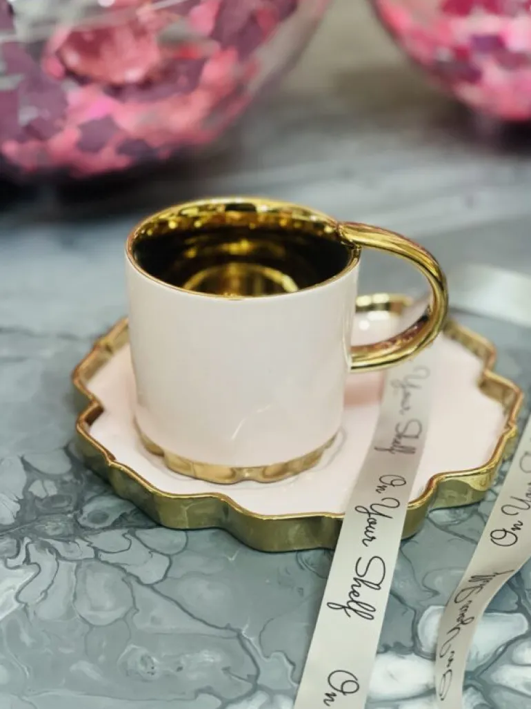 Blush Elegance: Golden Whimsy Cup & Saucer(single cup & saucer)