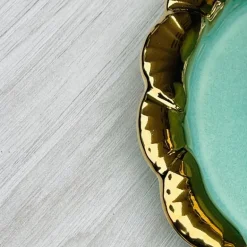 Cups & Saucers Teal Green Gold Edging (set of six)