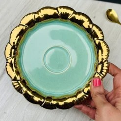 Cups & Saucers Teal Green Gold Edging (set of six)