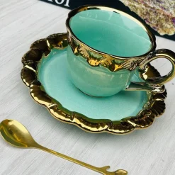 Cups & Saucers Teal Green Gold Edging (set of six)