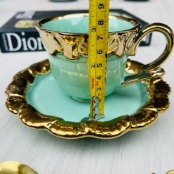 Cups & Saucers Teal Green Gold Edging (set of six)
