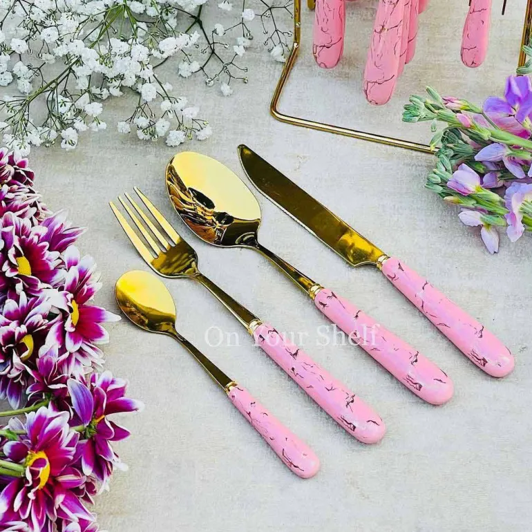 Cutlery Set 24 Piece Gold w/ Ceramic Marble Hilt and Stand-Pink
