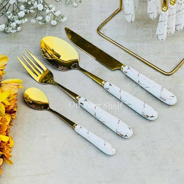Cutlery Set 24 Piece Gold w/ Ceramic Marble Hilt and Stand-White