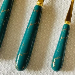 Cutlery Set 24 Piece Gold w Ceramic Marble Hilt and Stand-Teal