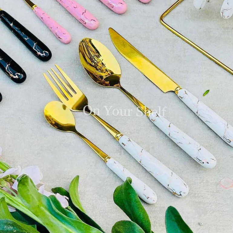 Cutlery Set 24 Piece Gold w/ Ceramic Marble Hilt and Stand-White