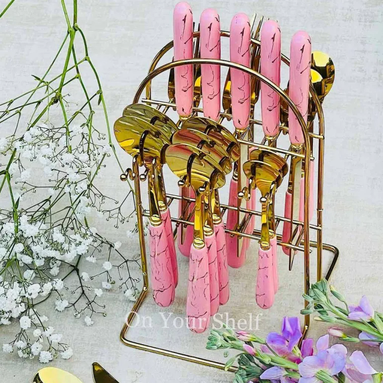 Cutlery Set 24 Piece Gold w/ Ceramic Marble Hilt and Stand-Pink