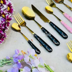 Cutlery Set 24 Piece Gold w/ Ceramic Marble Hilt and Stand-Black