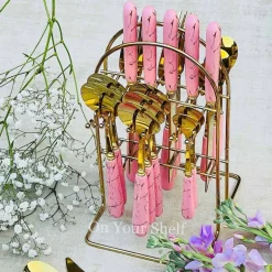 Cutlery Set 24 Piece Gold w/ Ceramic Marble Hilt and Stand-White
