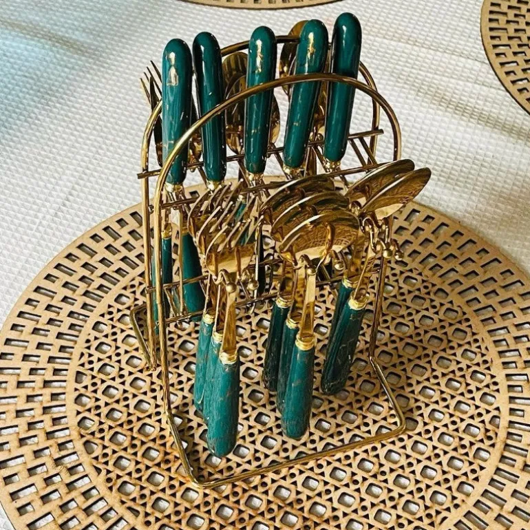 Cutlery Set 24 Piece Gold w Ceramic Marble Hilt and Stand-Teal