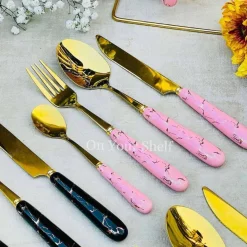 Cutlery Set 24 Piece Gold w/ Ceramic Marble Hilt and Stand-Pink