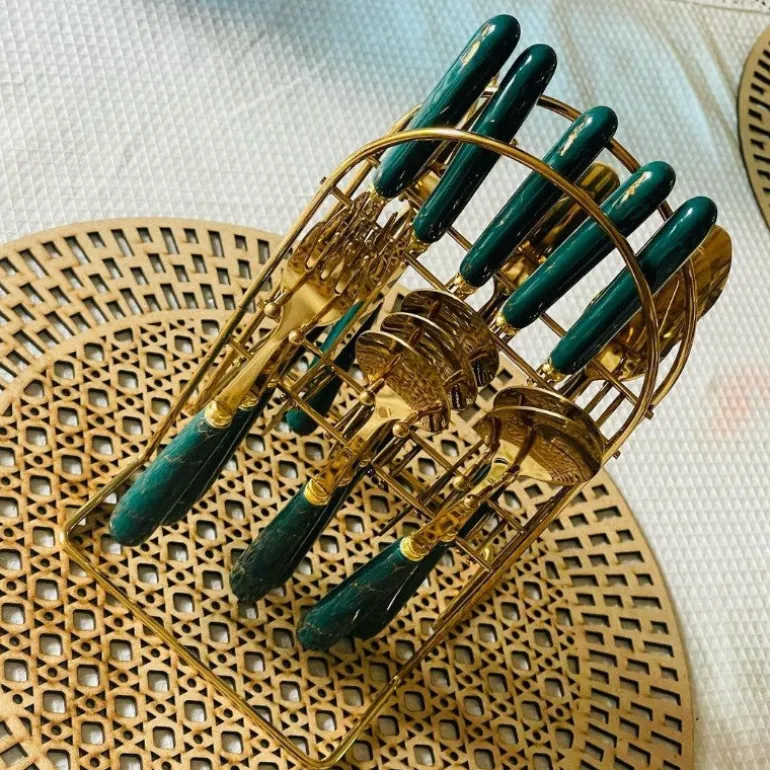 Cutlery Set 24 Piece Gold w Ceramic Marble Hilt and Stand-Teal