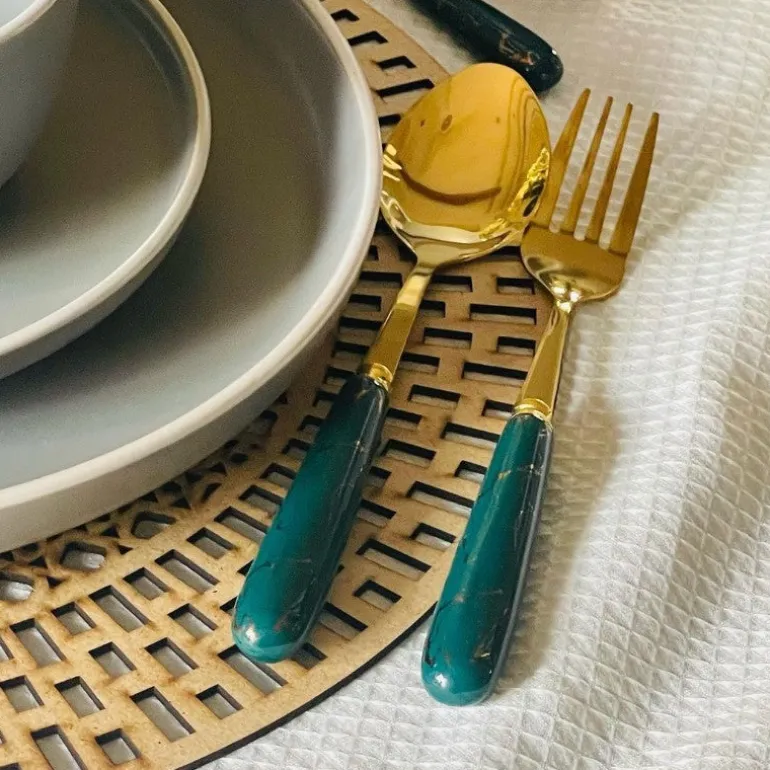 Cutlery Set 24 Piece Gold w Ceramic Marble Hilt and Stand-Teal