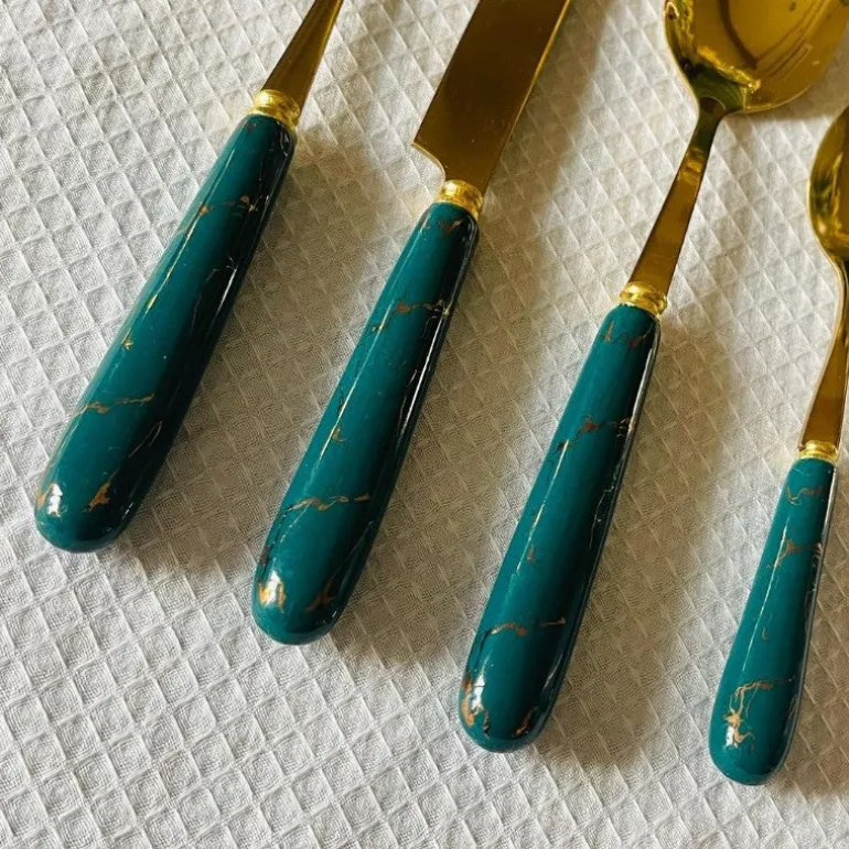 Cutlery Set 24 Piece Gold w Ceramic Marble Hilt and Stand-Teal