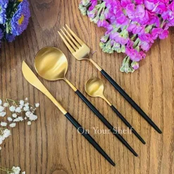 Fine Dining Cutlery Set 24 Piece Black & Gold