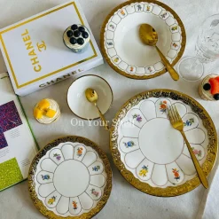 Golden Bloom Artisan Dinnerware Set (24 Piece Plate Set)