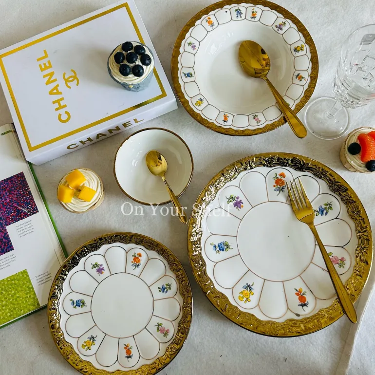 Golden Bloom Artisan Dinnerware Set (24 Piece Plate Set)