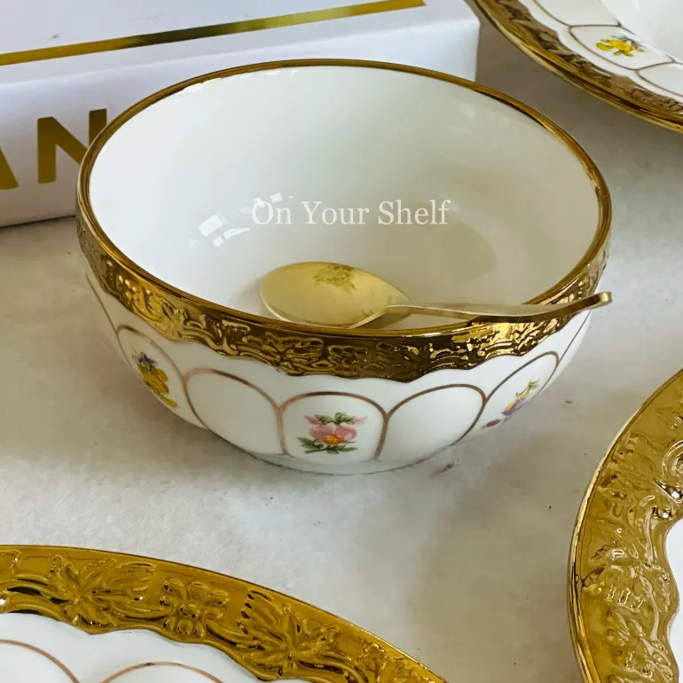 Golden Bloom Artisan Dinnerware Set (24 Piece Plate Set)