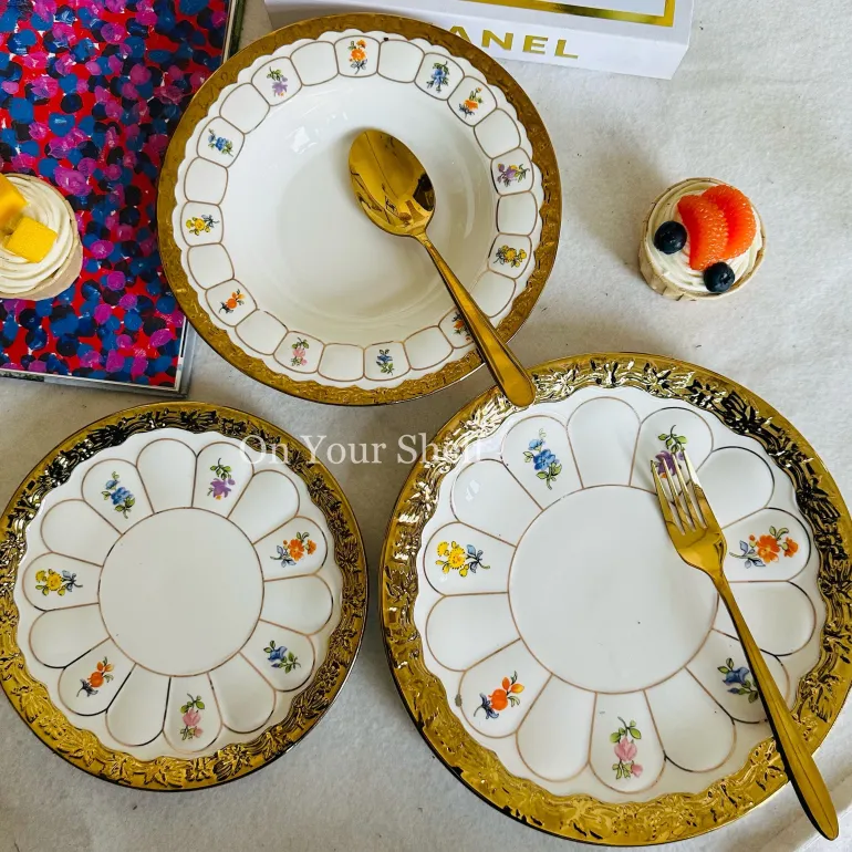 Golden Bloom Artisan Dinnerware Set (24 Piece Plate Set)