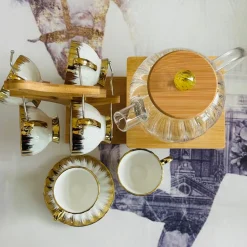 Golden Winged Haven (set of six cups and saucers, teapot, wooden stand)