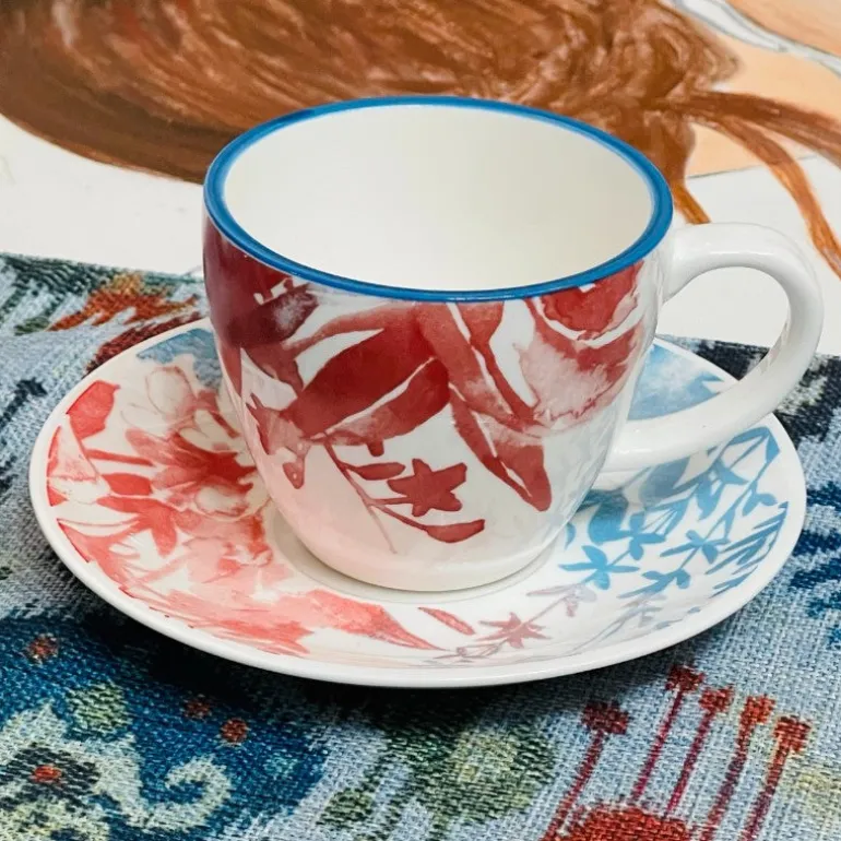Joyful Brew Harmony: Stoneware Coffee Set in Blue & Rustic Red
