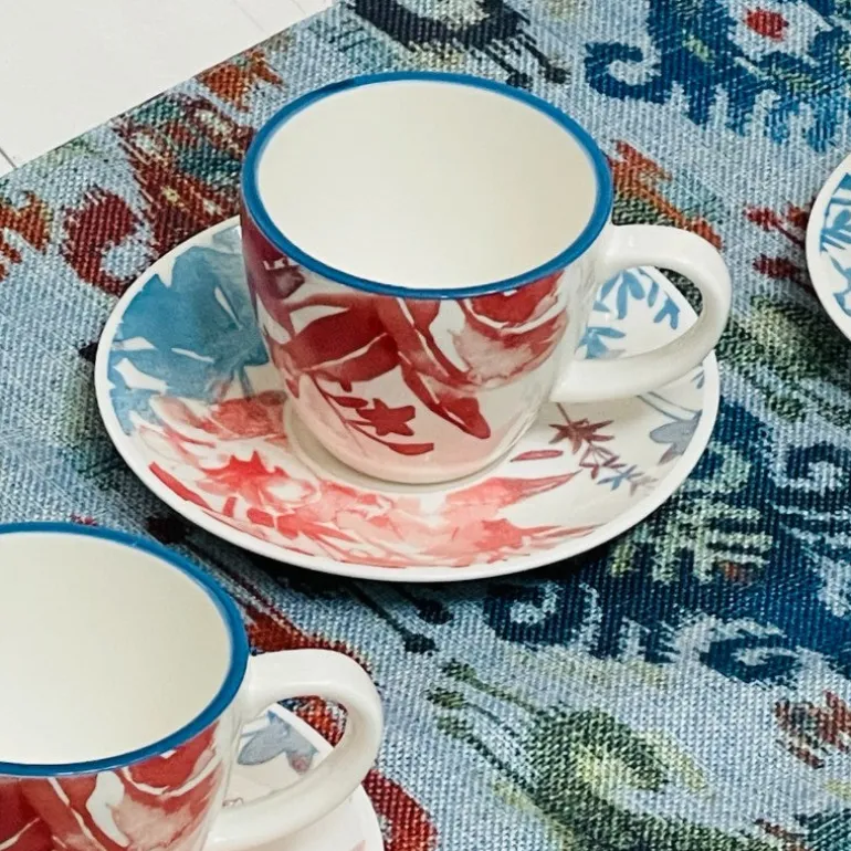 Joyful Brew Harmony: Stoneware Coffee Set in Blue & Rustic Red