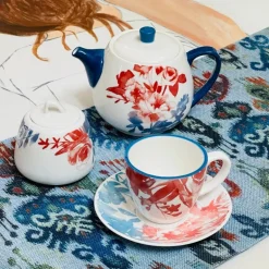 Joyful Brew Harmony: Stoneware Coffee Set in Blue & Rustic Red