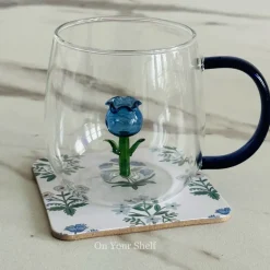 Little Blue Tulip Glass Mug (Set Of Six)