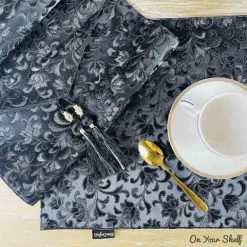 Mats Leatherette Black Floral set of 6