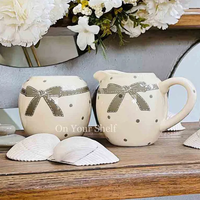 Milk and Sugar Pot Grey Bow Polka Dot