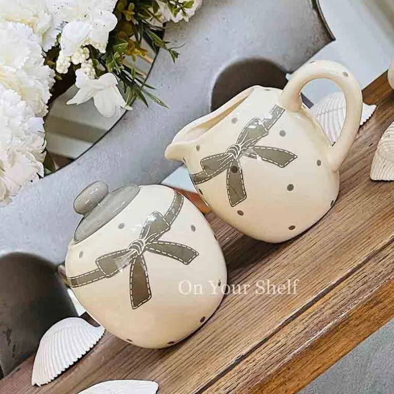Milk and Sugar Pot Grey Bow Polka Dot