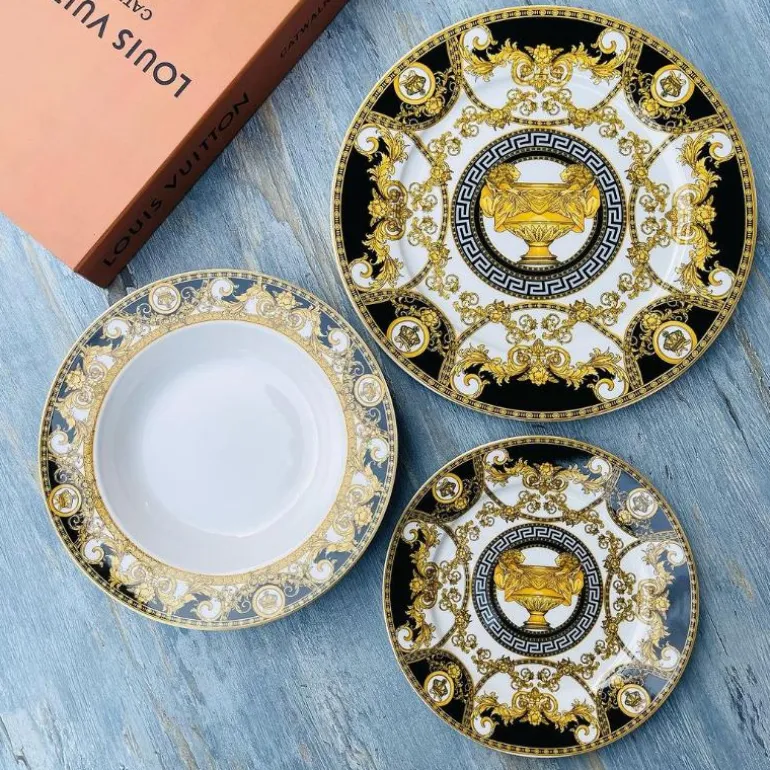 18 Piece Plate Set Versace Inspired Black & Matte Gold