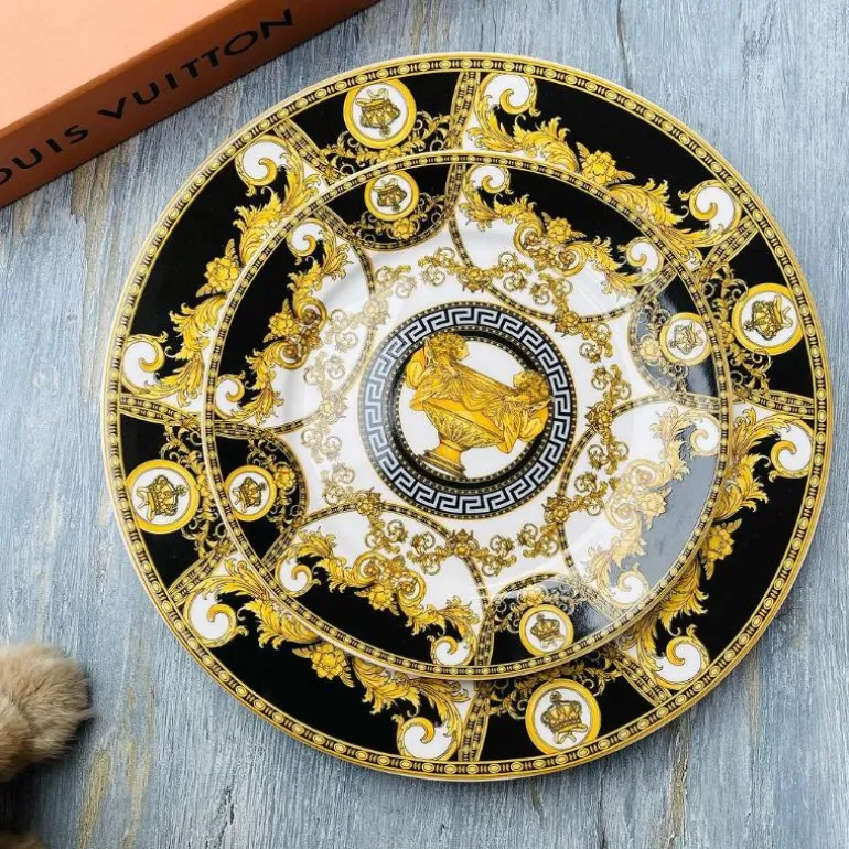 18 Piece Plate Set Versace Inspired Black & Matte Gold
