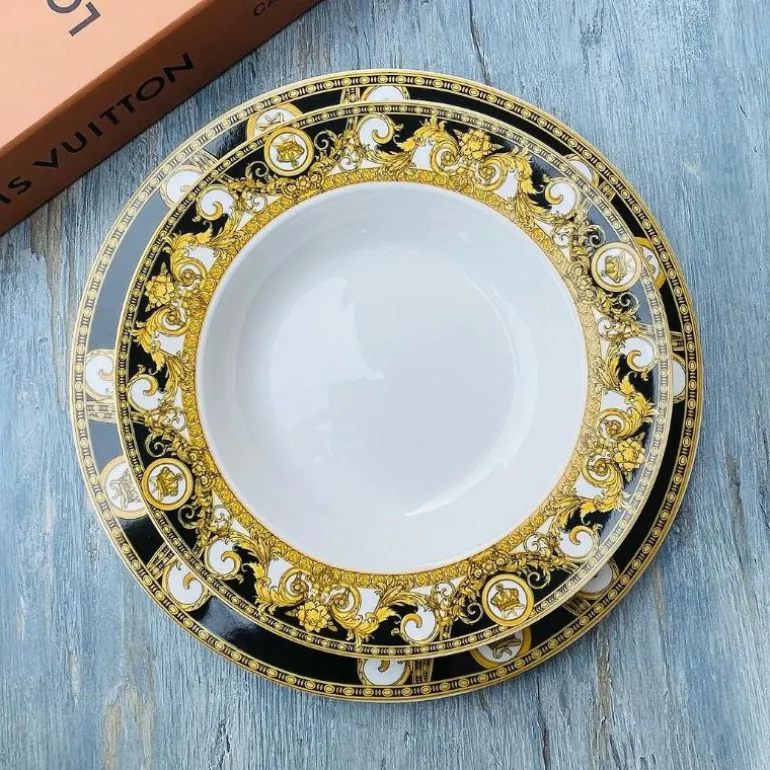 18 Piece Plate Set Versace Inspired Black & Matte Gold