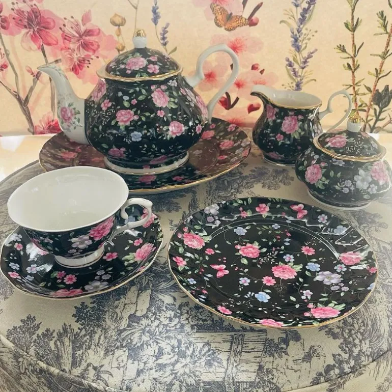 24 Piece Tea Set - Midnight Bloom White Handle