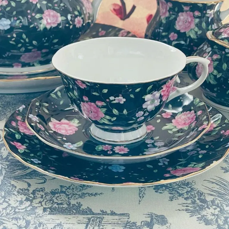 24 Piece Tea Set - Midnight Bloom White Handle