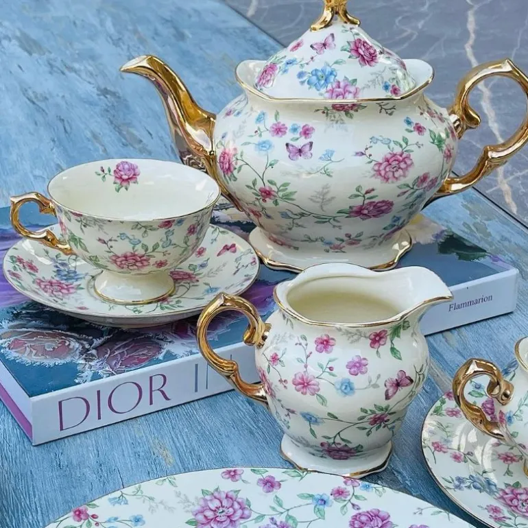 24 piece Tea Set Cream Floral Garden