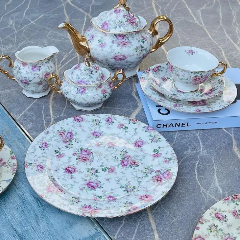 24 Piece Tea Set White Garden