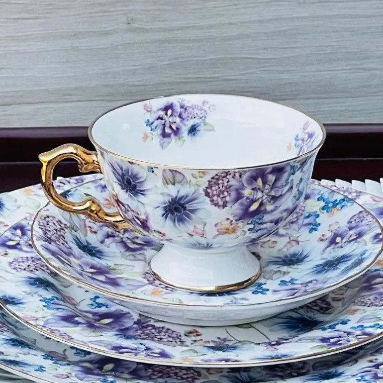 24 piece Tea Set White Pansy Love Purple