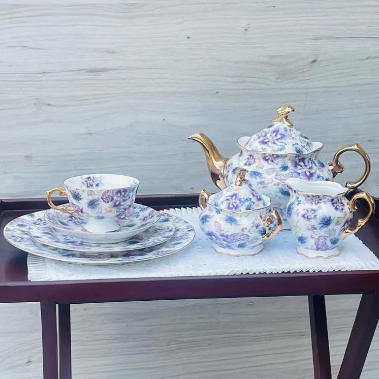 24 piece Tea Set White Pansy Love Purple