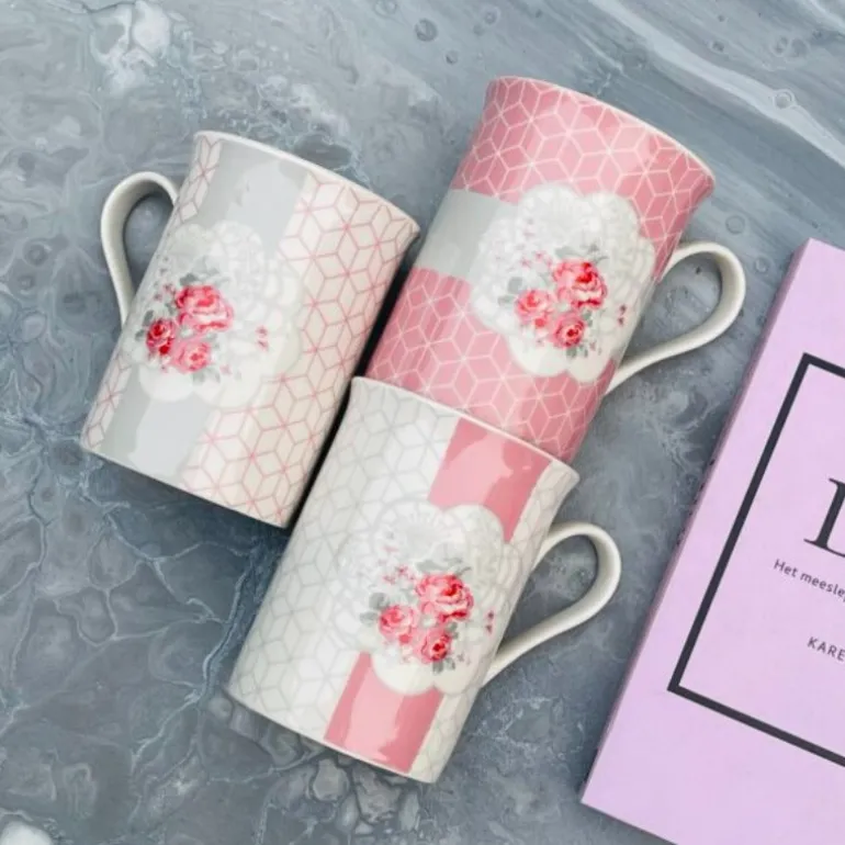 Pink & Grey Floral Mugs (set of six)