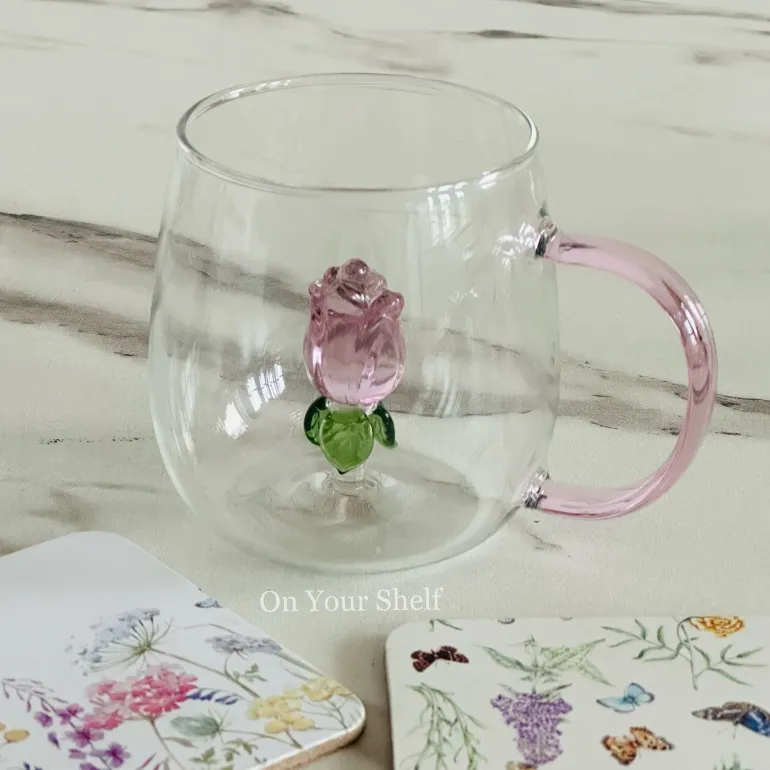 Pink Tulip Charm Glass Mug (Set Of Six)