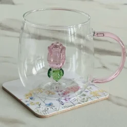 Pink Tulip Charm Glass Mug (Set Of Six)