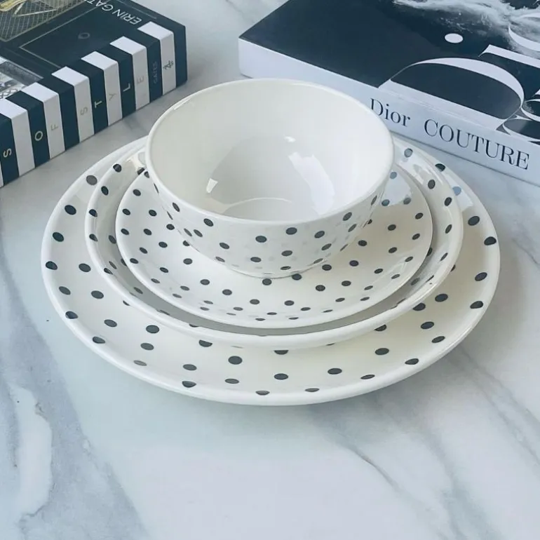Porcelain 24 Piece Plate Set Black Polka Dot