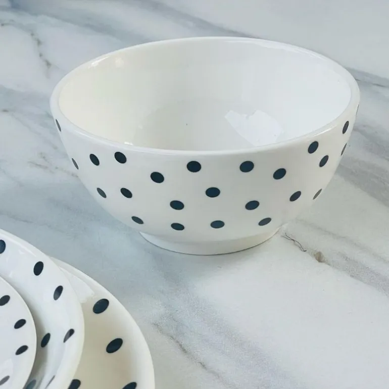 Porcelain 24 Piece Plate Set Black Polka Dot