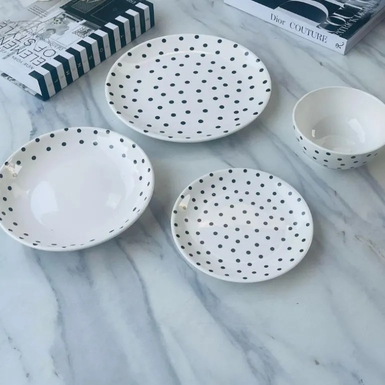 Porcelain 24 Piece Plate Set Black Polka Dot
