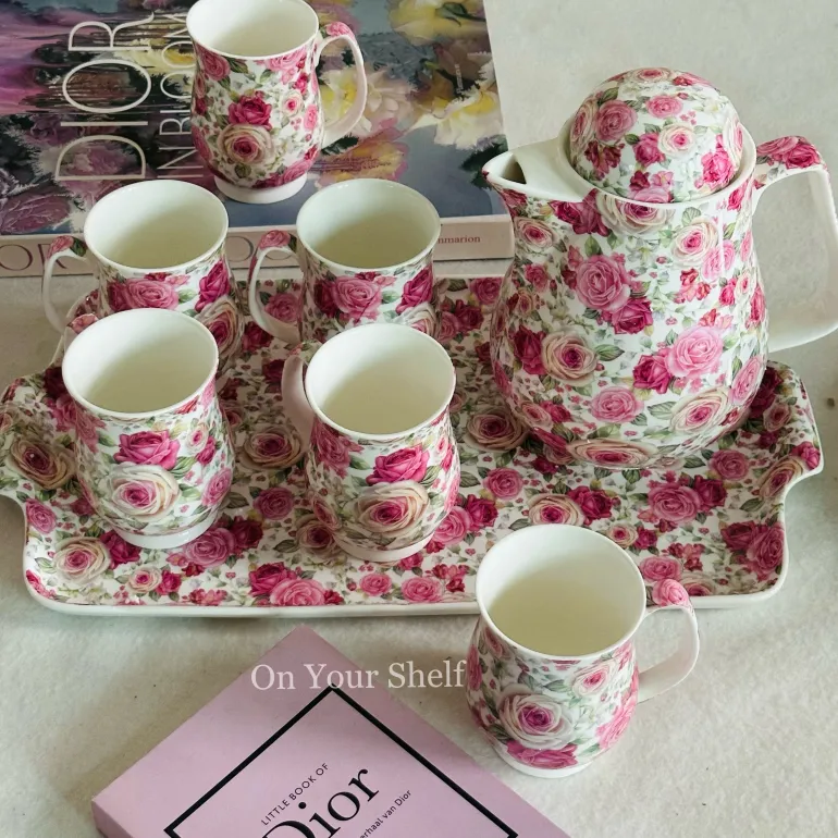 Pretty In Pink (six mugs, one teapot, one tray)