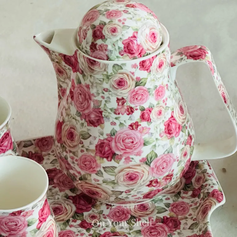 Pretty In Pink (six mugs, one teapot, one tray)