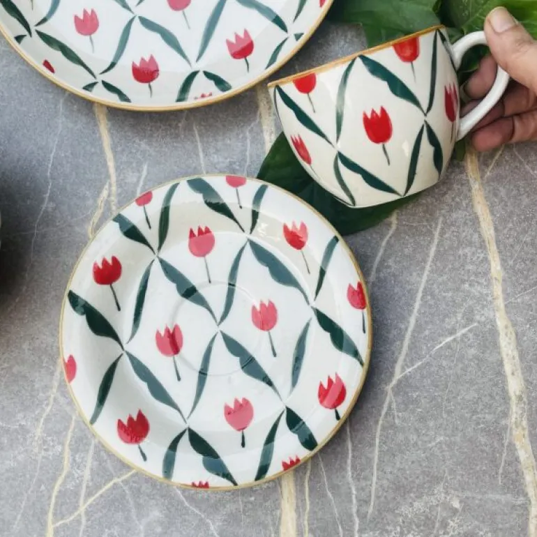 Red Tulip Tea Cups & Saucers (set of six)